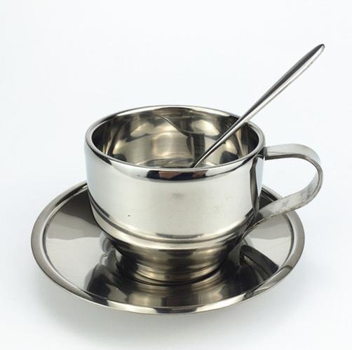厂家批发 高档不锈钢双层 中空隔热 咖啡杯 带碟 带勺